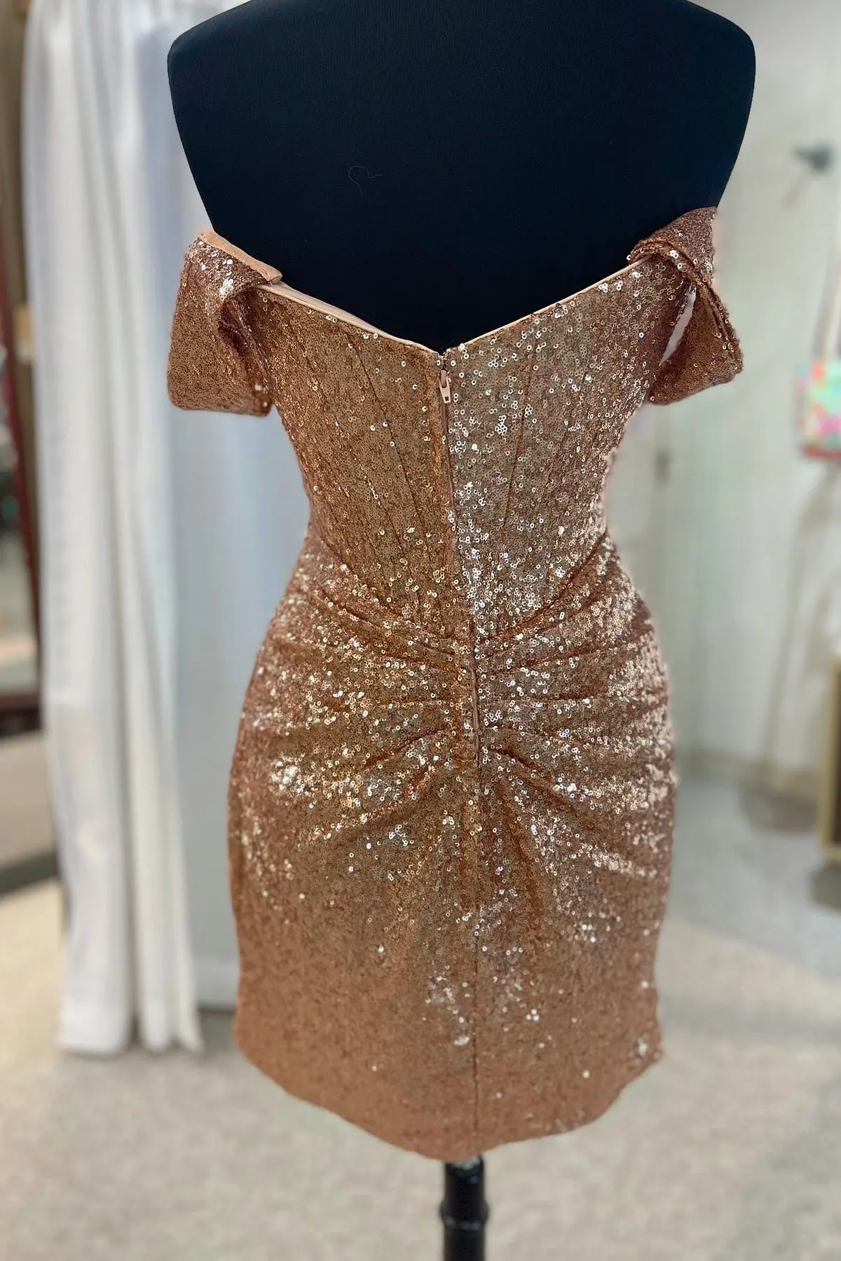 Off the Shoulder Rose Gold Sequin Tight Mini Dress