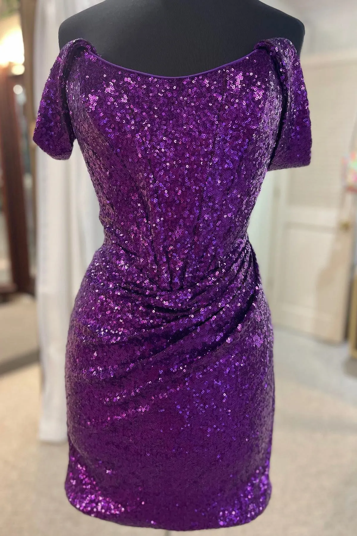 Off the Shoulder Rose Gold Sequin Tight Mini Dress