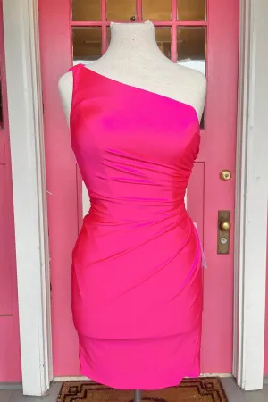 One Shoulder Hot Pink Bodycon Mini Homecoming Dress