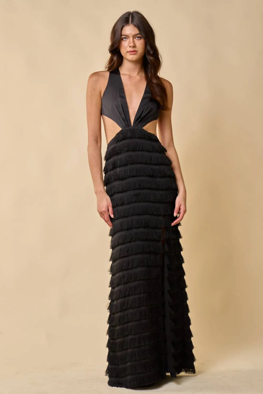 OPEN BACK LAYERED FRINGE DETAIL CUT OUT MAXI DRESS