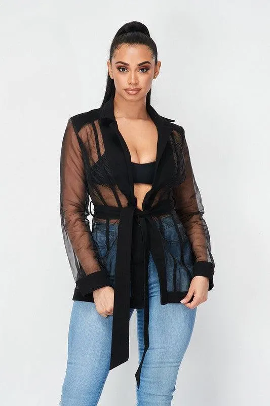 Oraganza transparent jacket, with belt and button.