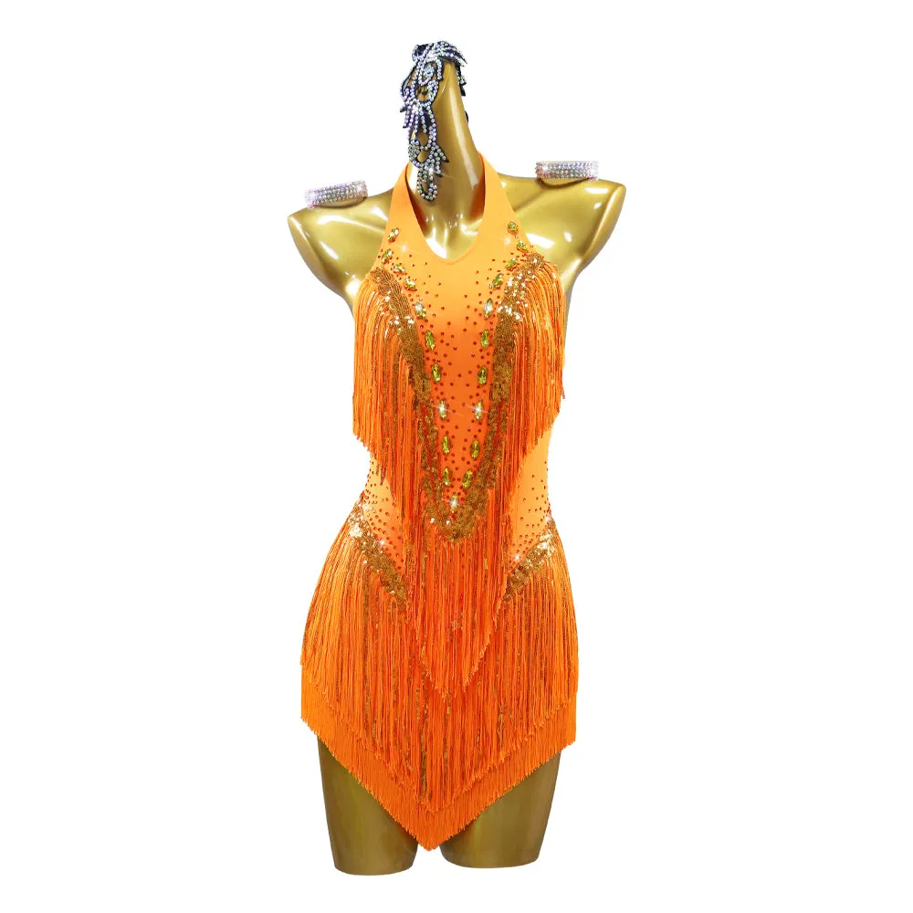 Orange Fringe Stone Latin Dance Dresses for Women Girls Salsa Rumba Chacha Competition Performance Costumes