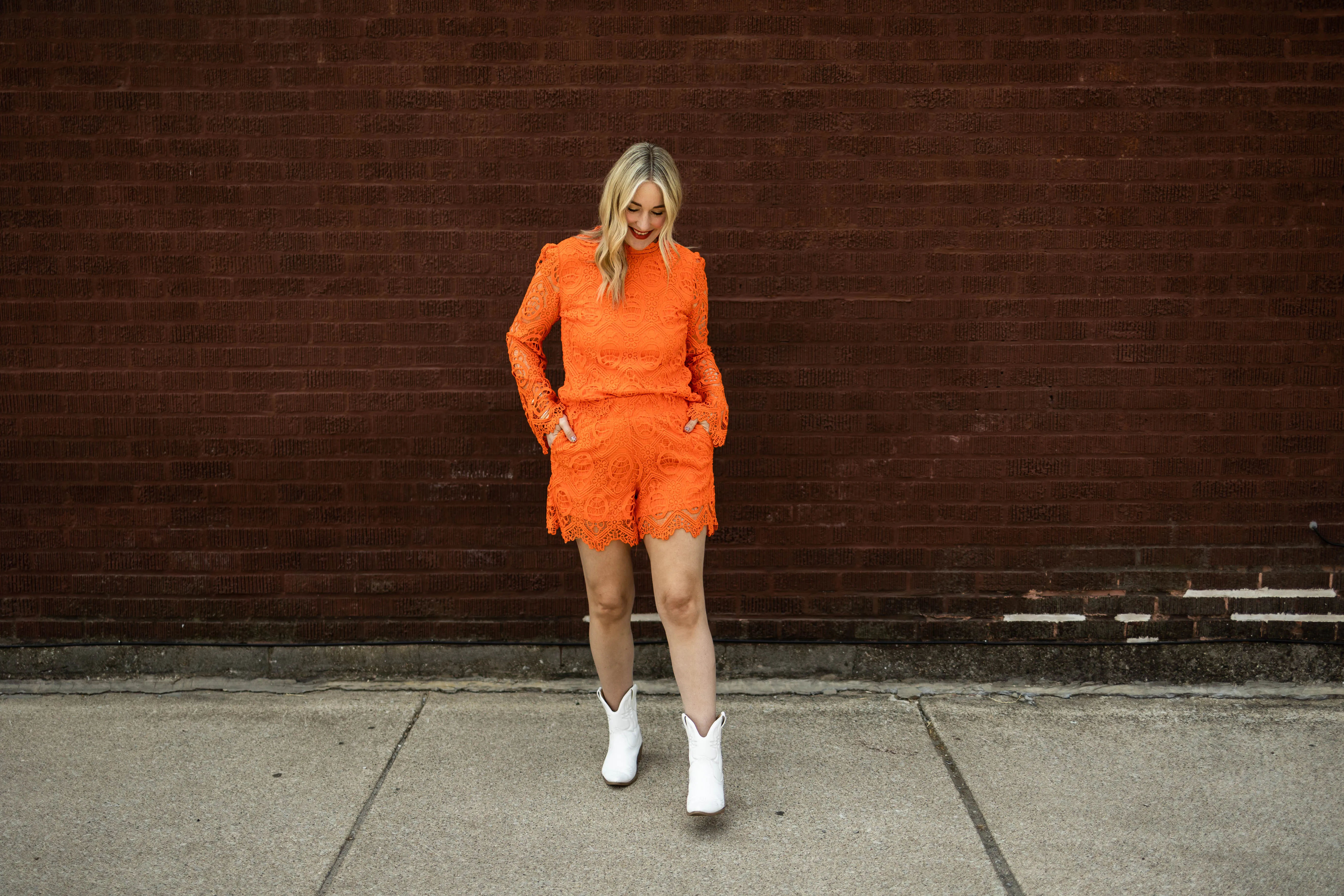 oriane long sleeve lace top in orange