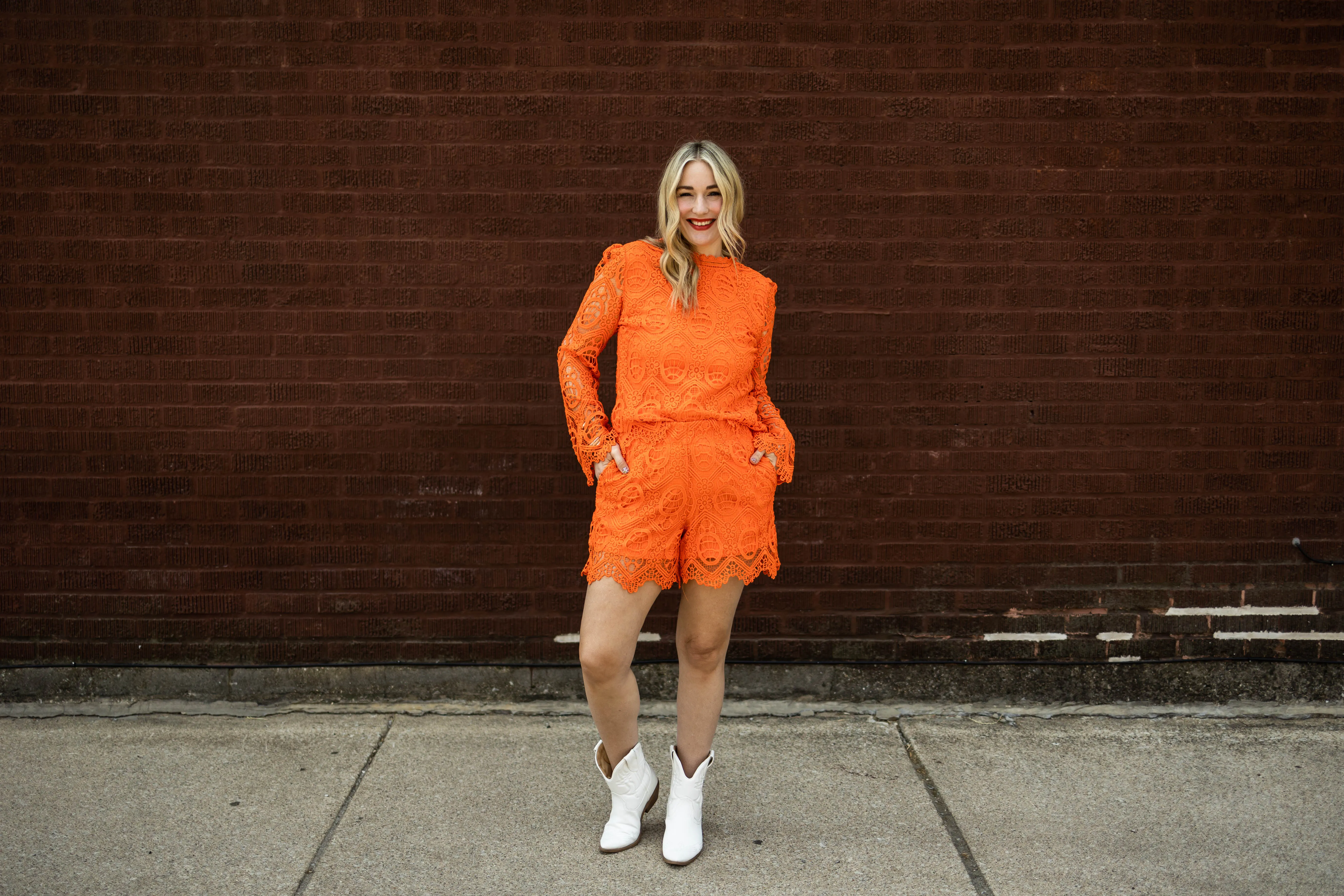 oriane long sleeve lace top in orange