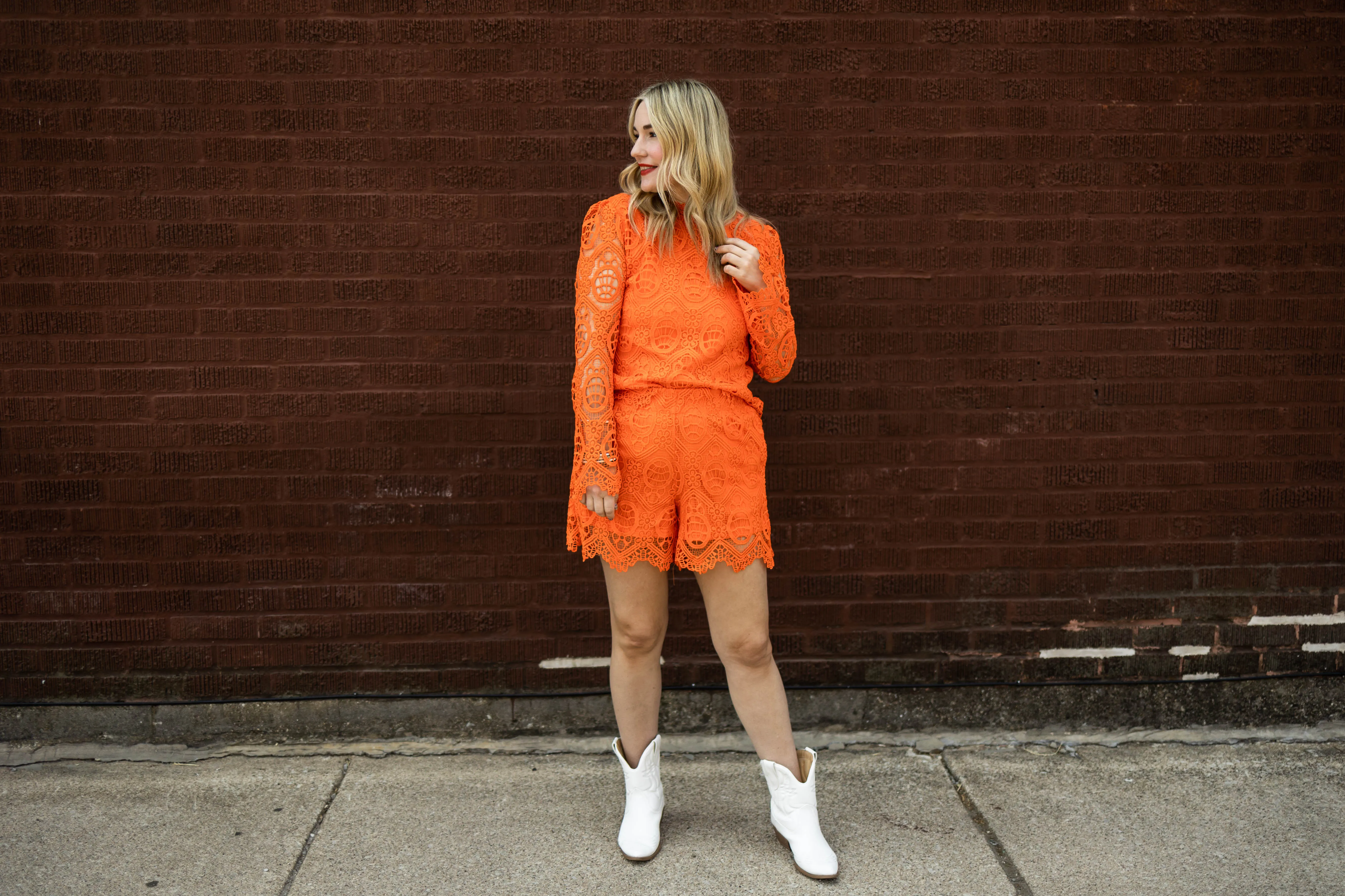 oriane long sleeve lace top in orange