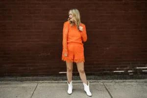 oriane long sleeve lace top in orange