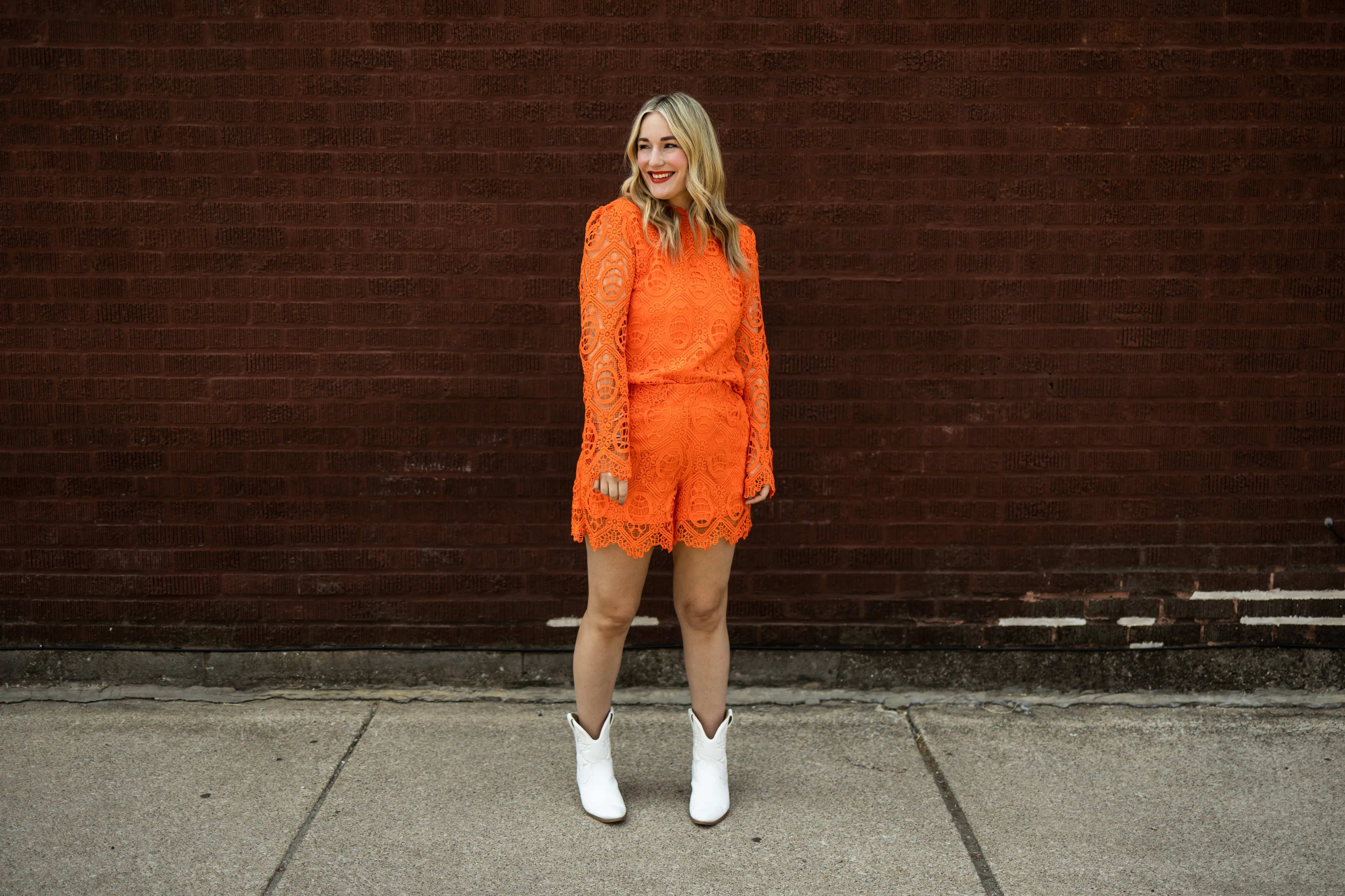 oriane long sleeve lace top in orange