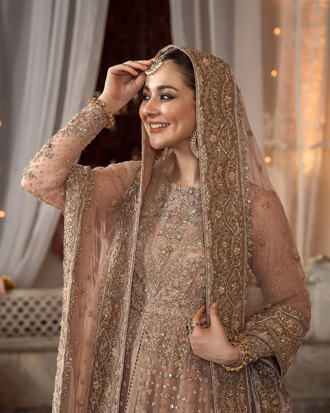 Pakistani Bridal Dress in Double Layered Traditional Pishwas Frock and Lehenga Style