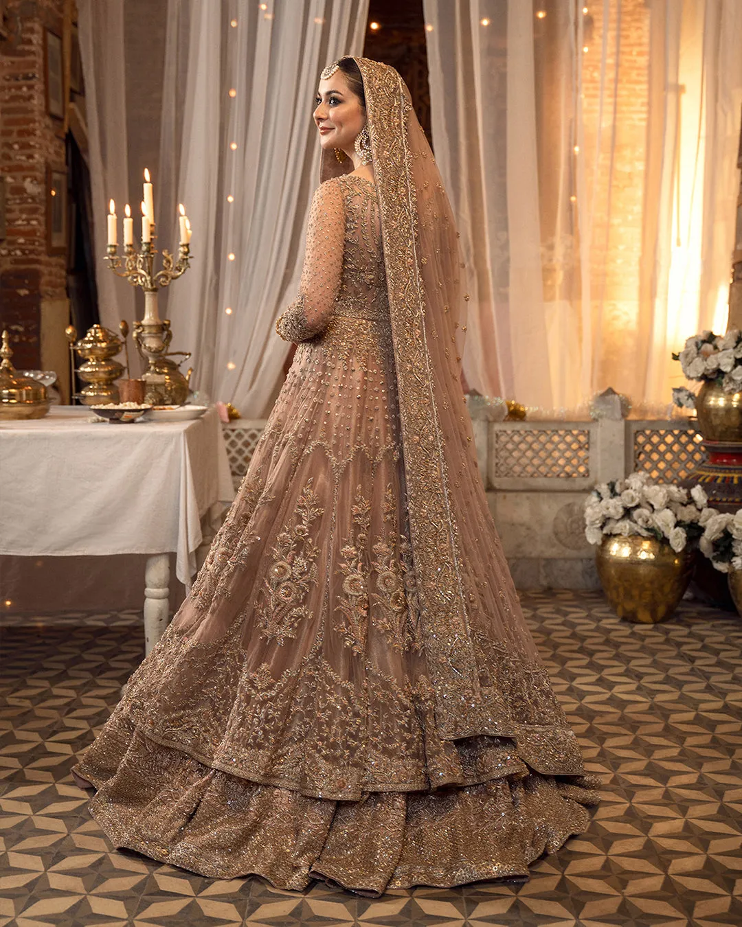 Pakistani Bridal Dress in Double Layered Traditional Pishwas Frock and Lehenga Style