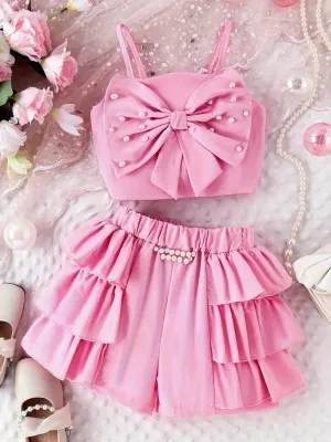 Parisian Pearl Bow Top and Ruffle Short Set
