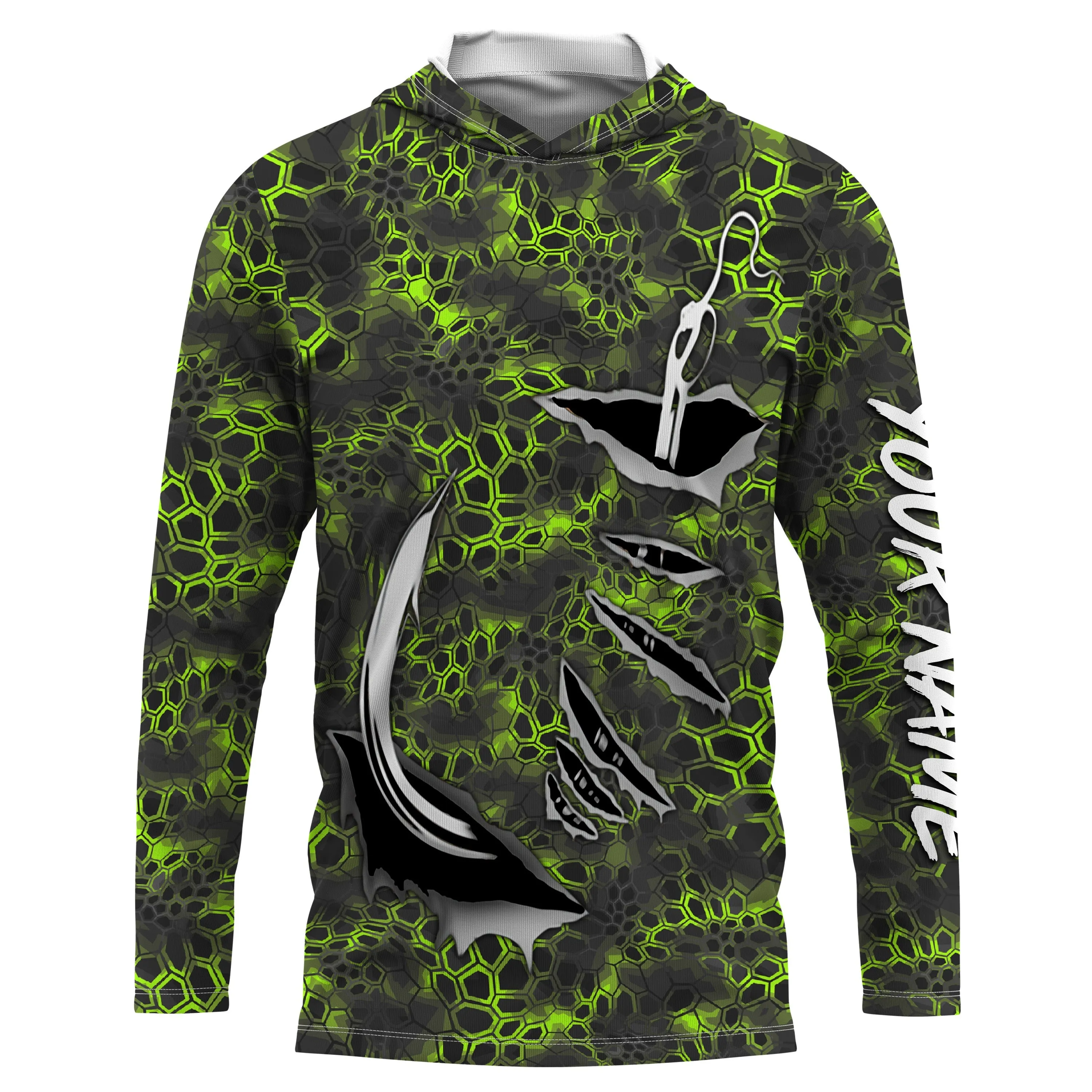 Personalized Fish Hook Custom Long Sleeve performance Camo Fishing Shirts green camo IPHW2109