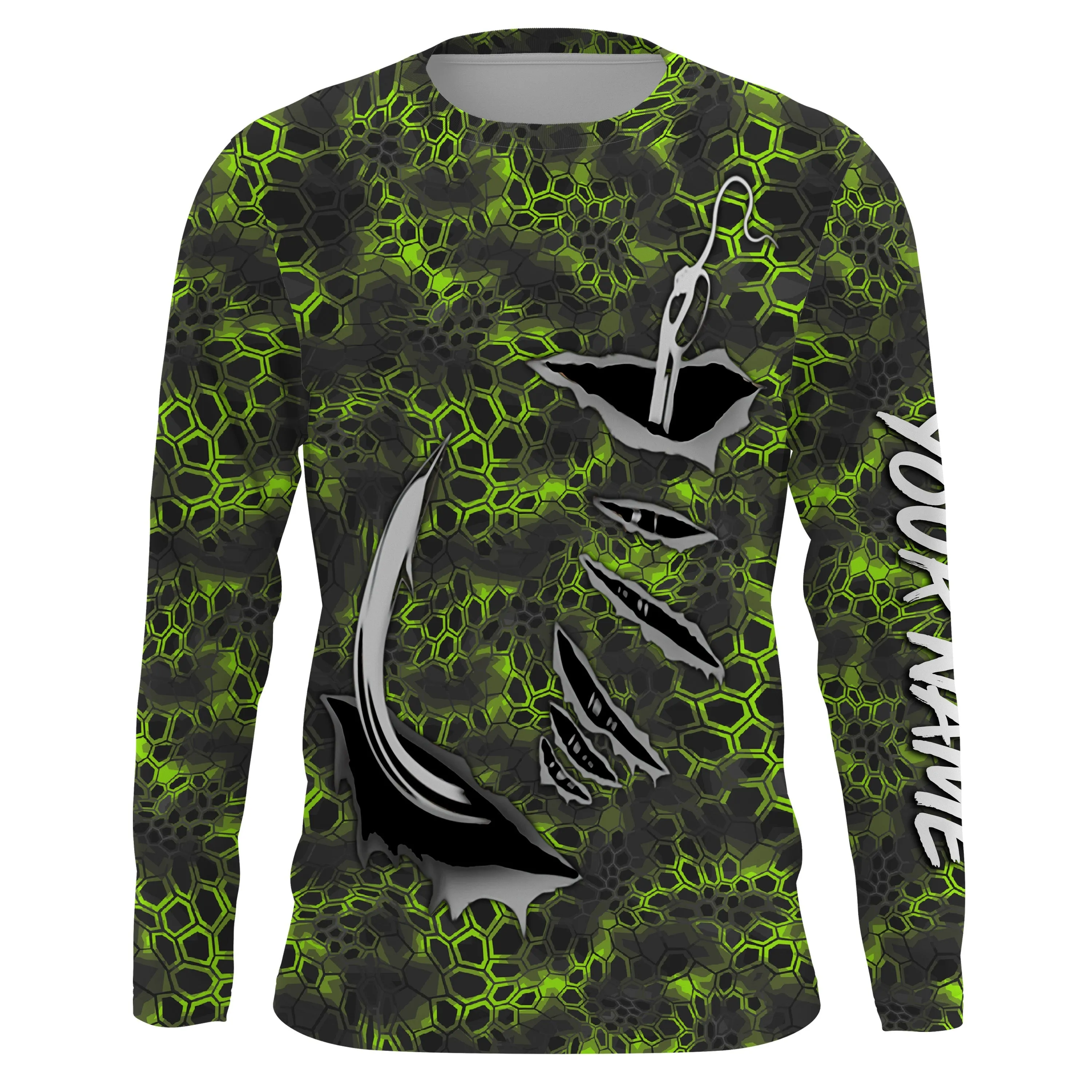 Personalized Fish Hook Custom Long Sleeve performance Camo Fishing Shirts green camo IPHW2109
