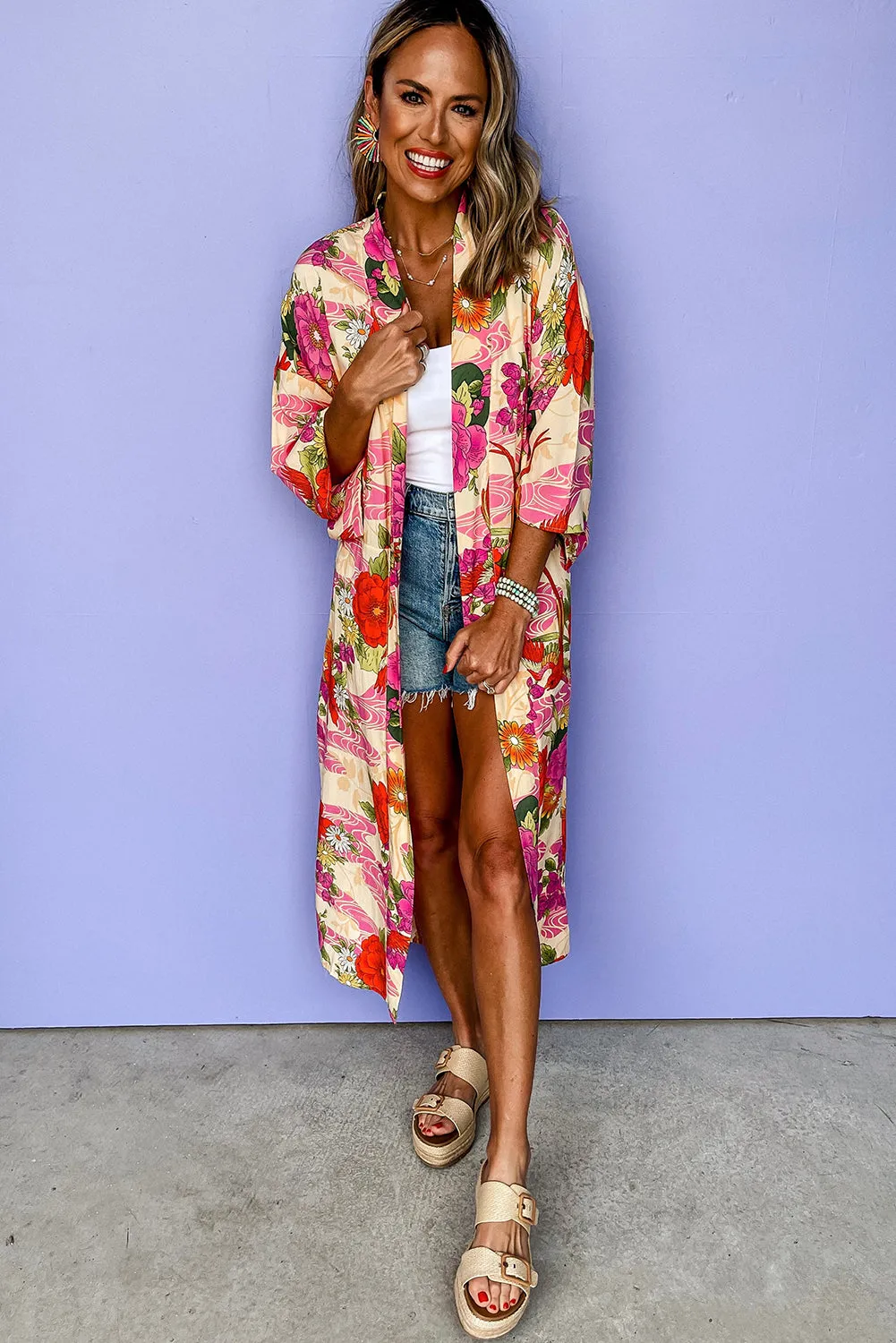 Pink Floral Allover Print Open Front Belted Duster Kimono