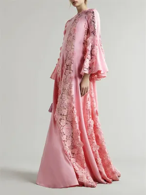 Pink Lace Floral Embroidery Flare Sleeve Maxi Dress for Women