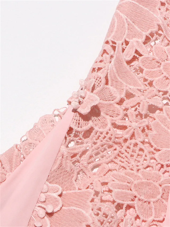 Pink Lace Floral Embroidery Flare Sleeve Maxi Dress for Women