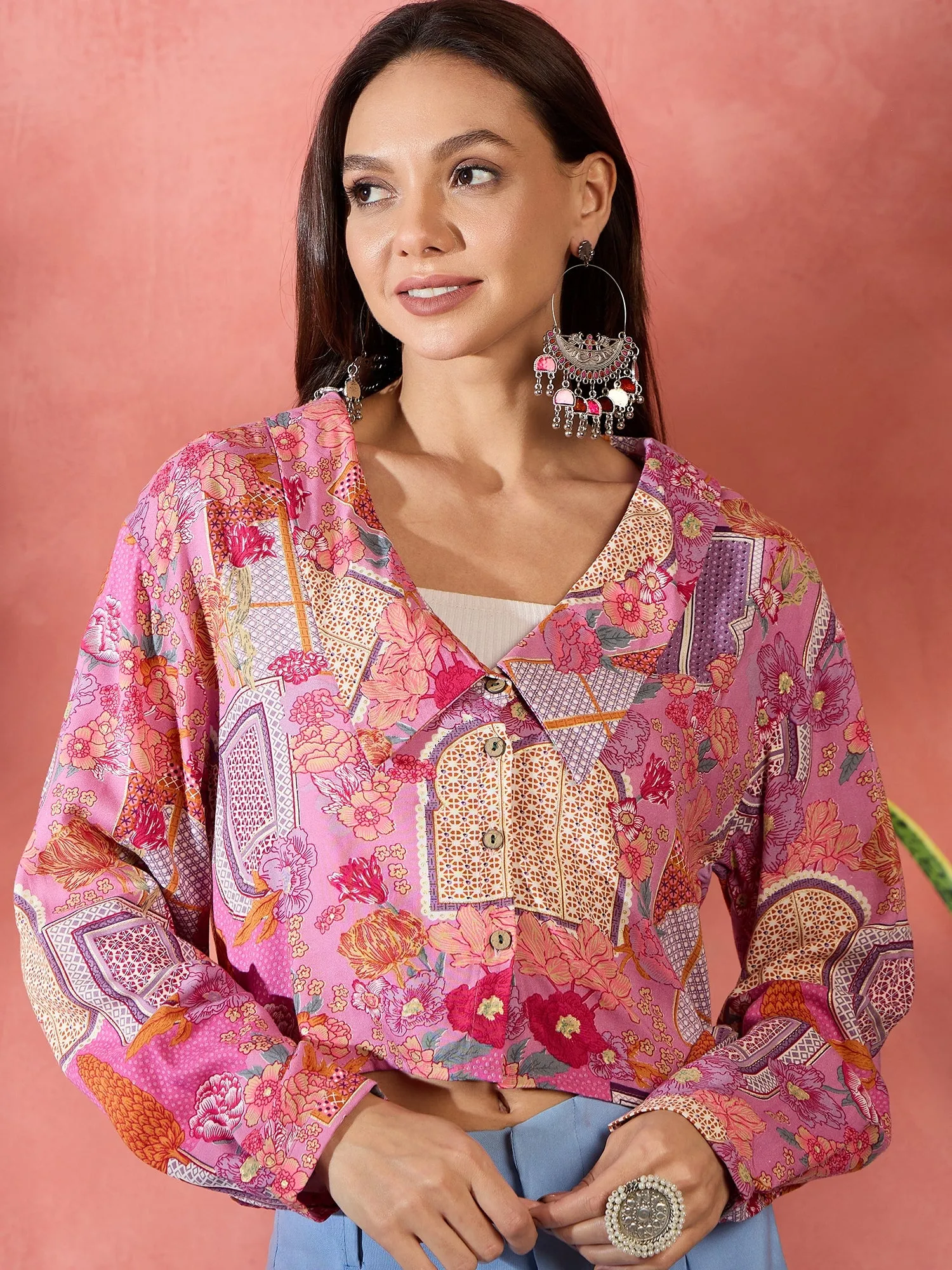 Pink Window Print Collar Short Jacket