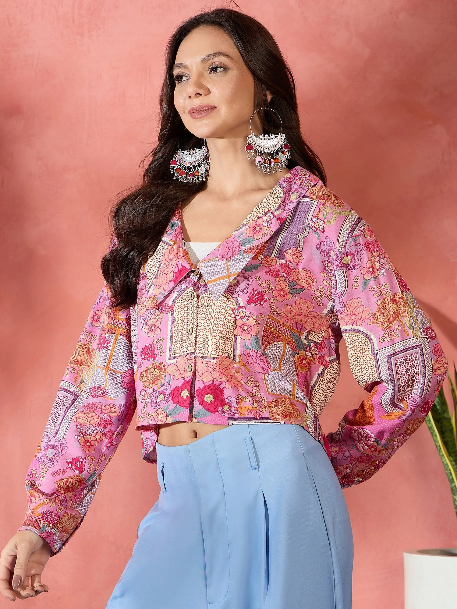 Pink Window Print Collar Short Jacket