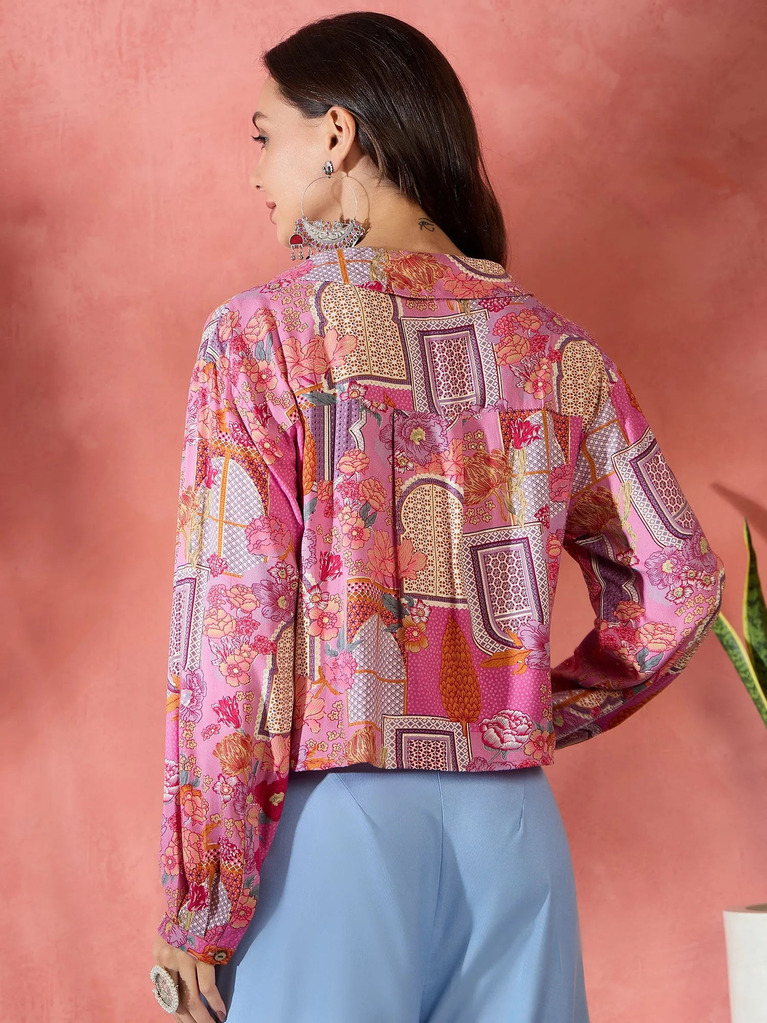 Pink Window Print Collar Short Jacket