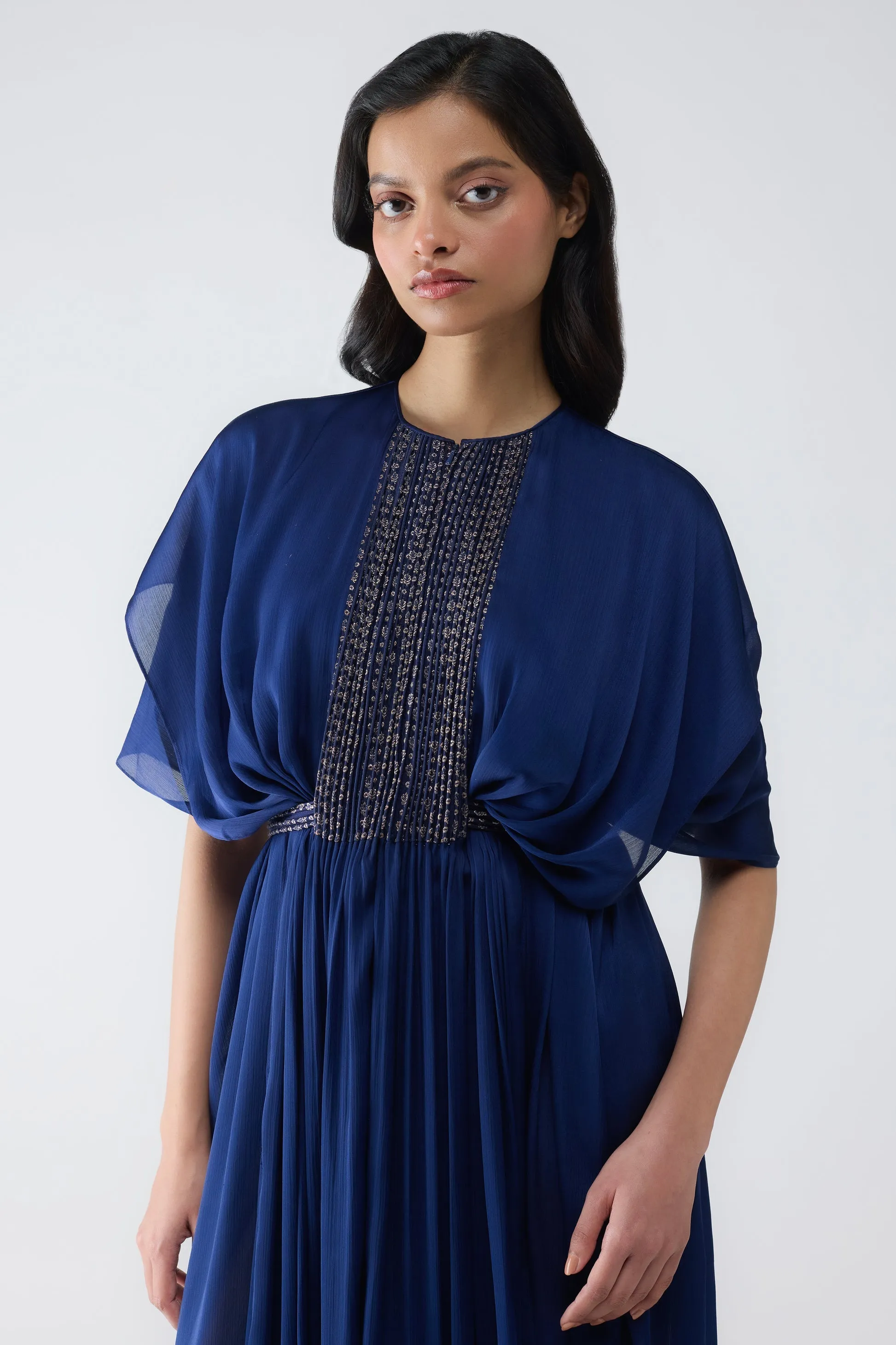 Pleated Layered Dress With Vintage Banarsi Detailing