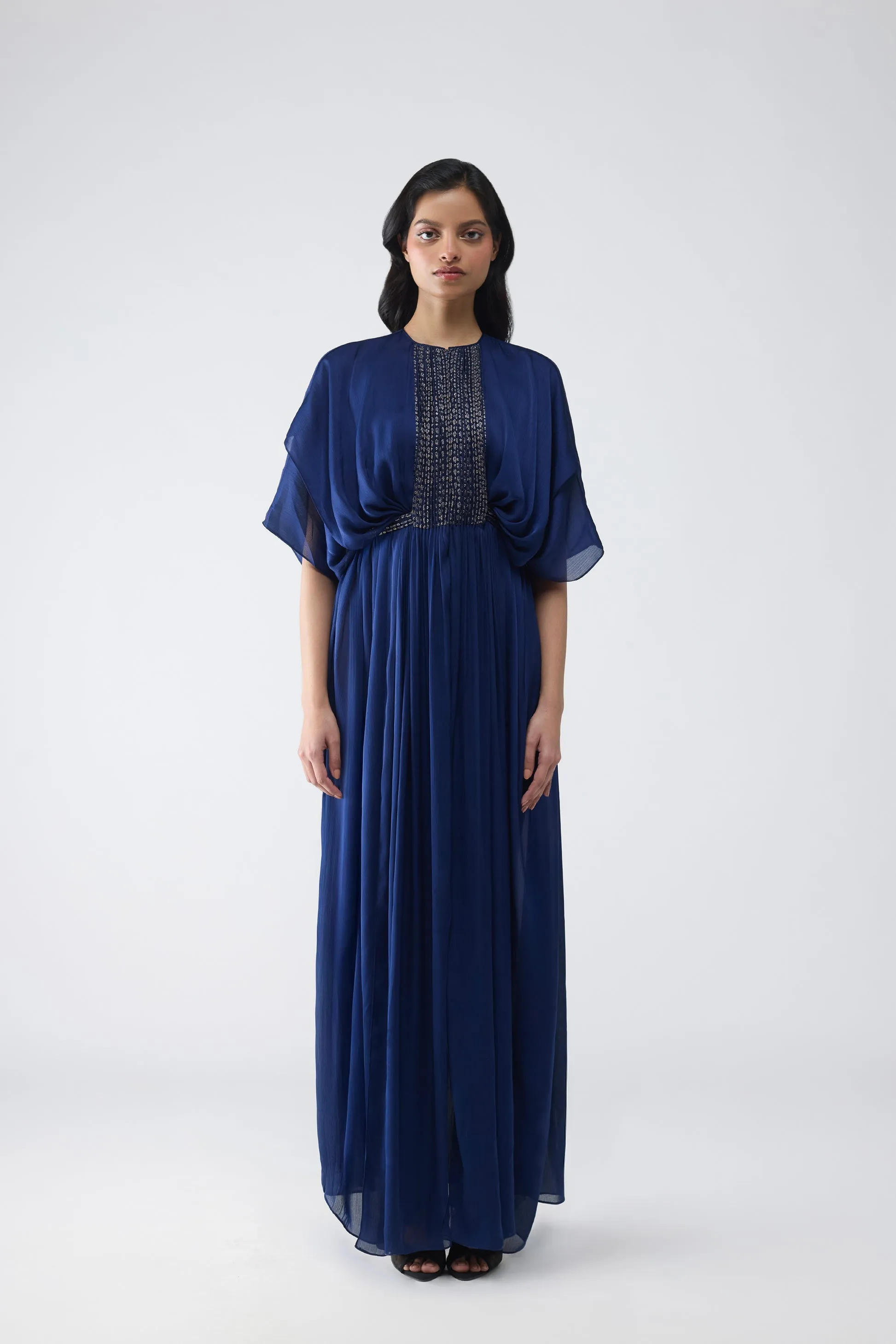 Pleated Layered Dress With Vintage Banarsi Detailing