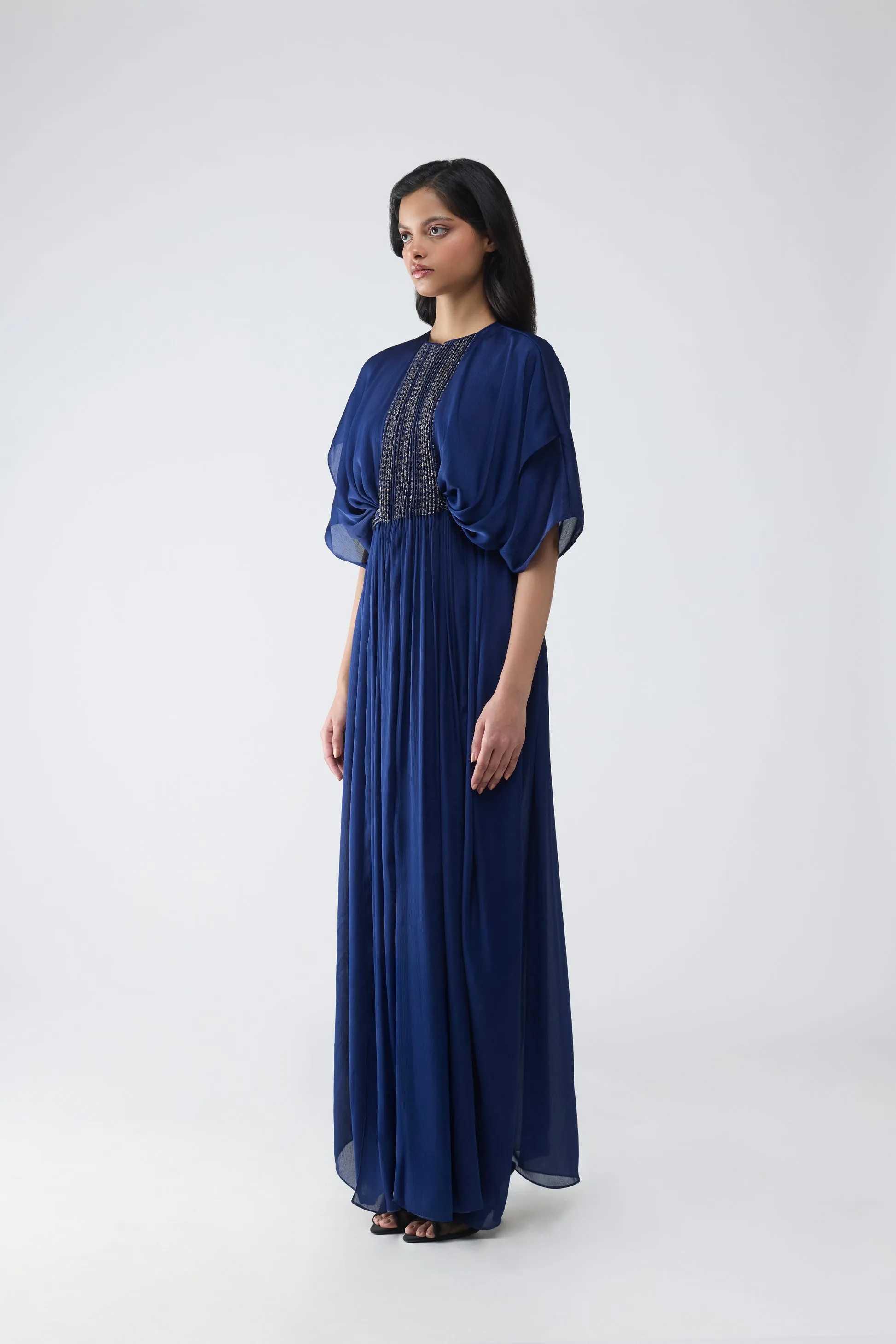 Pleated Layered Dress With Vintage Banarsi Detailing