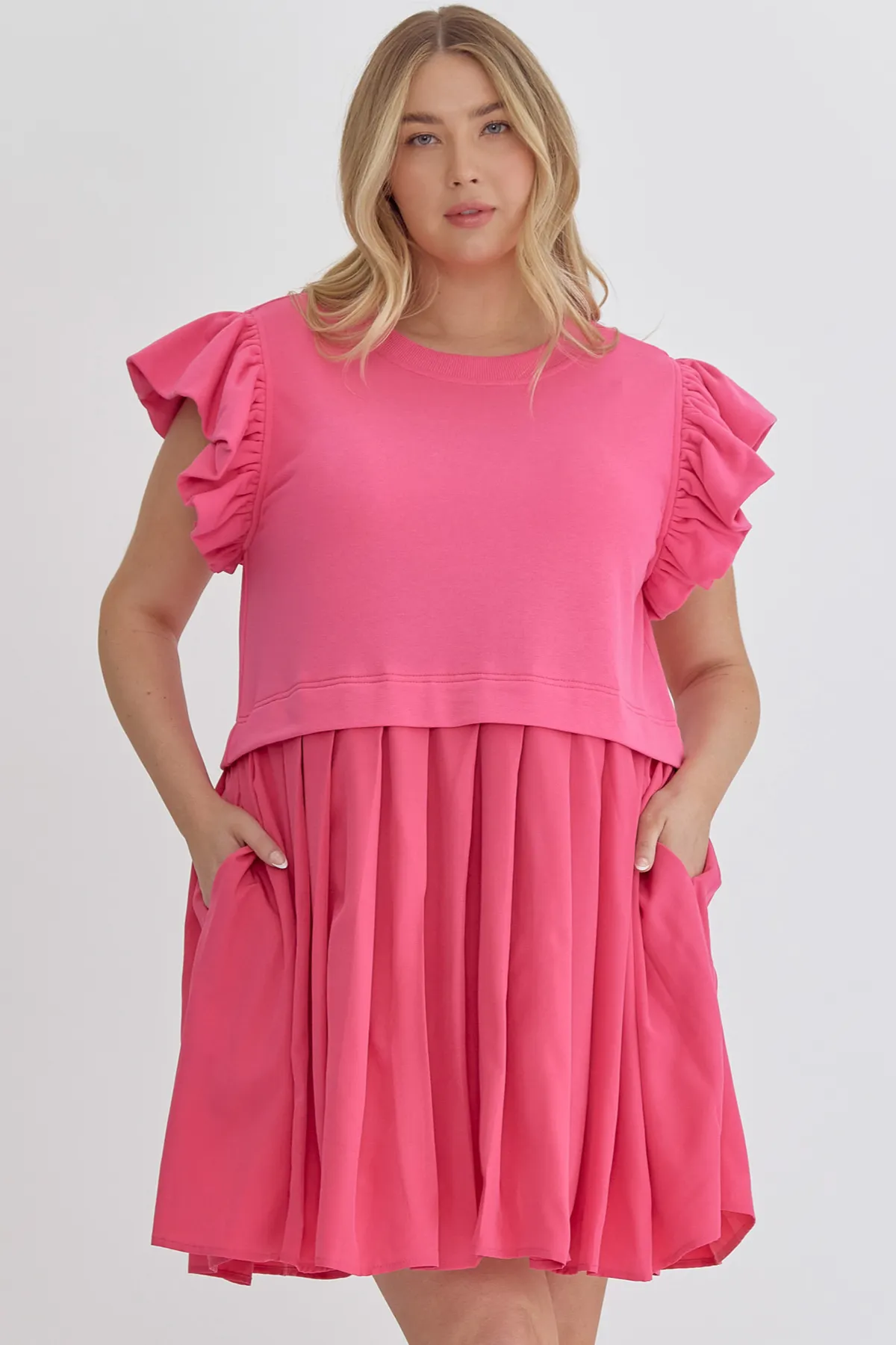 Plus Hot Pink Layered Pleat Dress