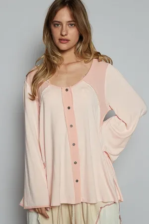 POL Contrast Button Front Long Sleeve Knit Top