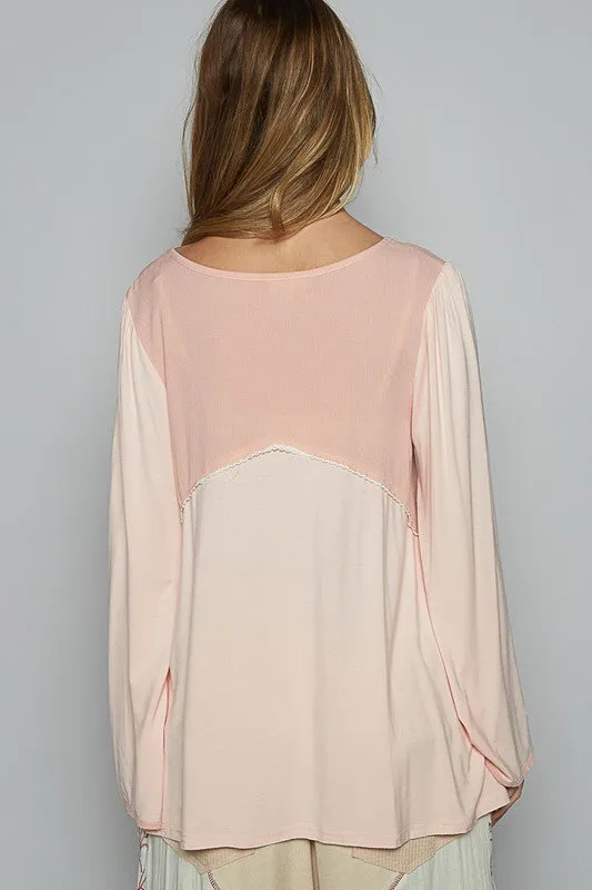 POL Contrast Button Front Long Sleeve Knit Top