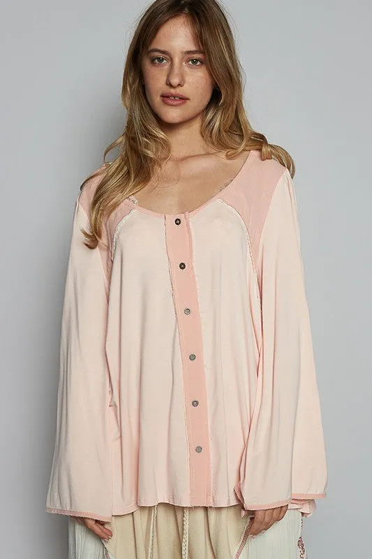 POL Contrast Button Front Long Sleeve Knit Top