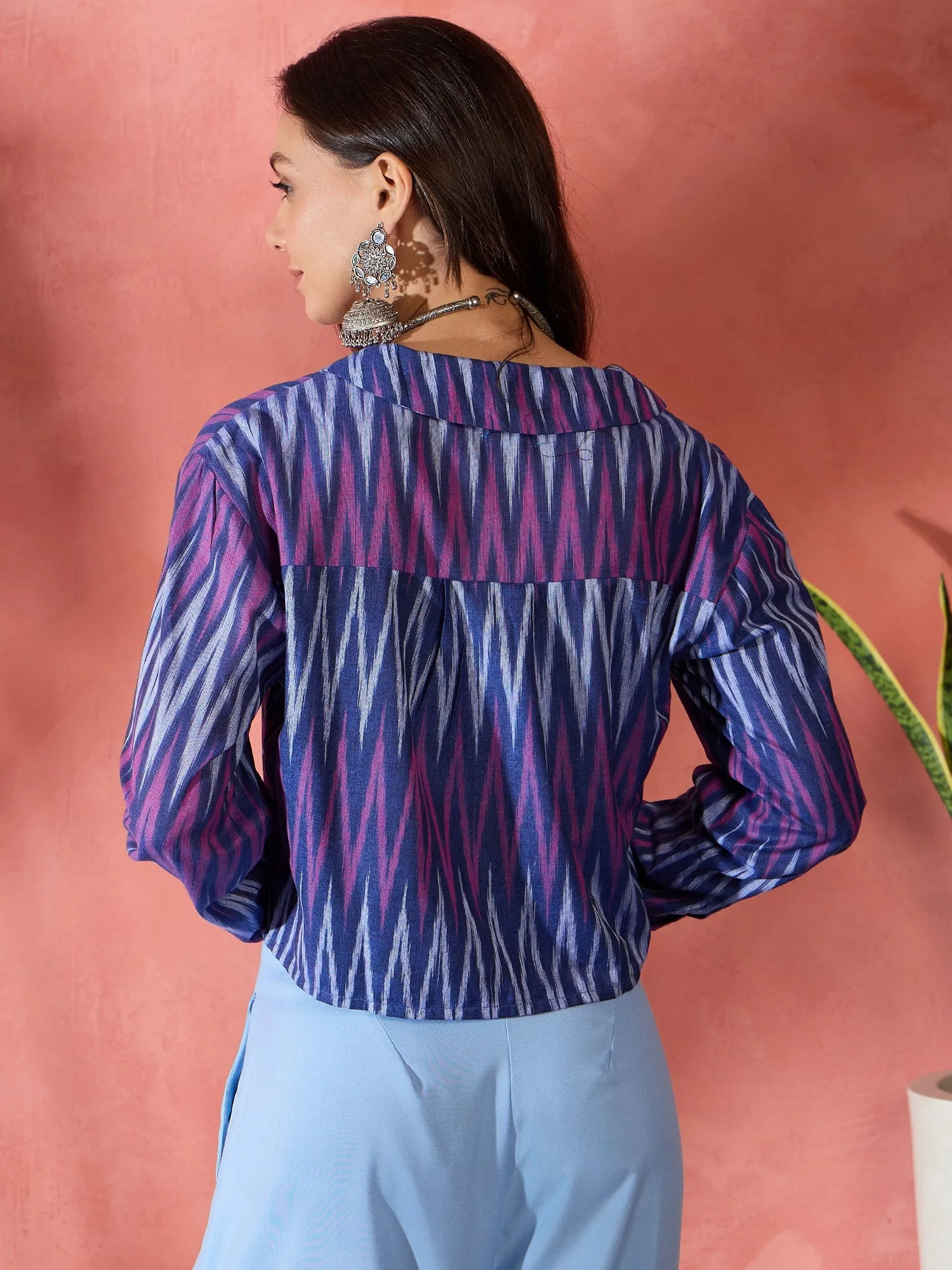 Purple Blue Ikkat Collar Short Jacket