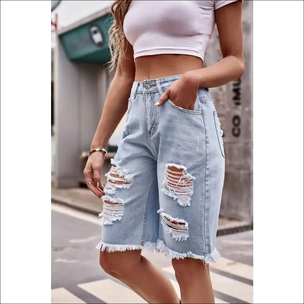Raw Hem Distressed Denim Shorts with Pockets