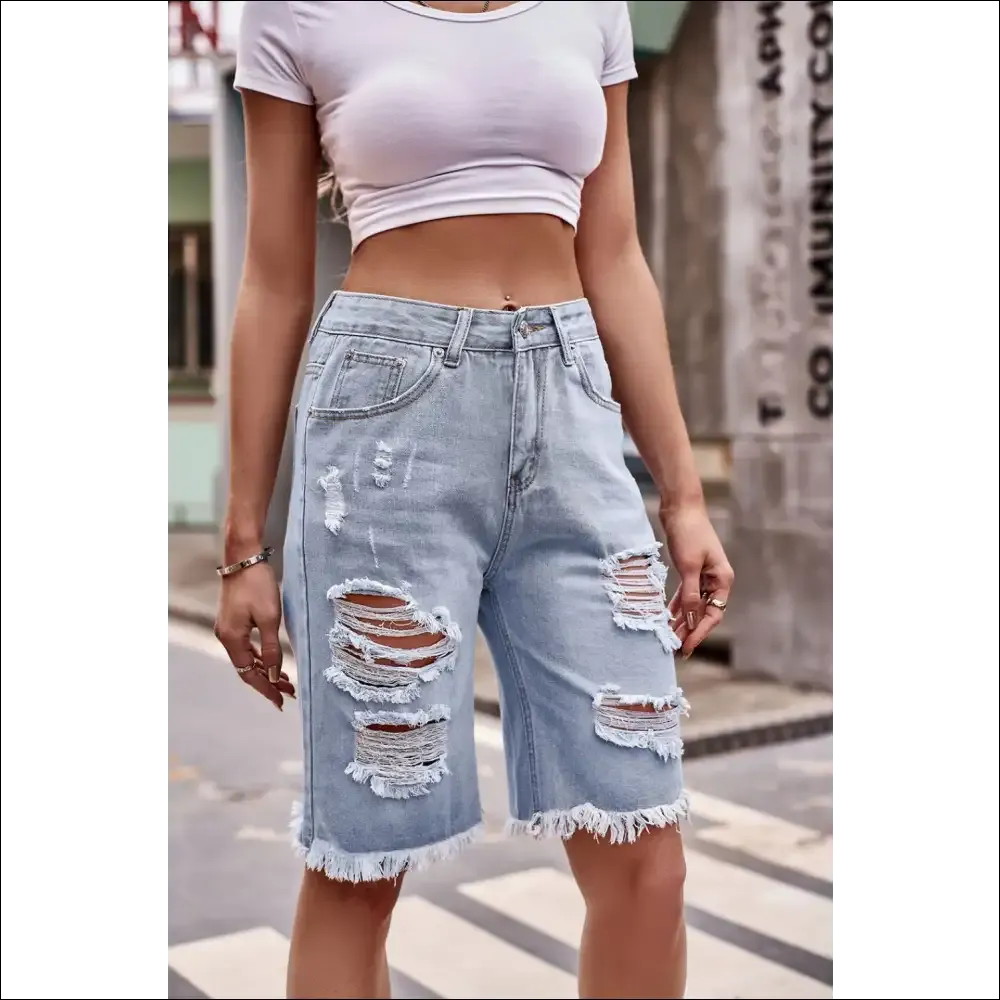 Raw Hem Distressed Denim Shorts with Pockets