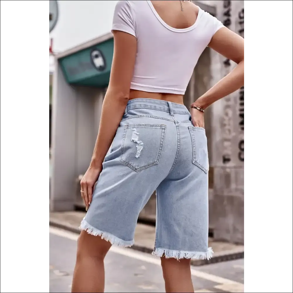 Raw Hem Distressed Denim Shorts with Pockets