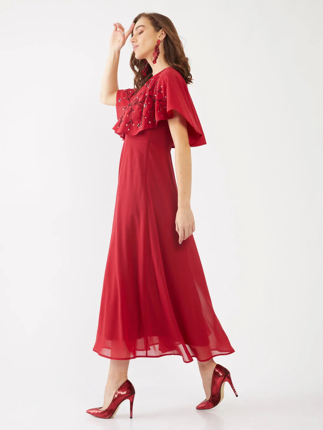 Red Embellished Layered Maxi