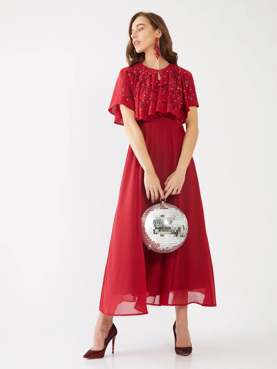 Red Embellished Layered Maxi