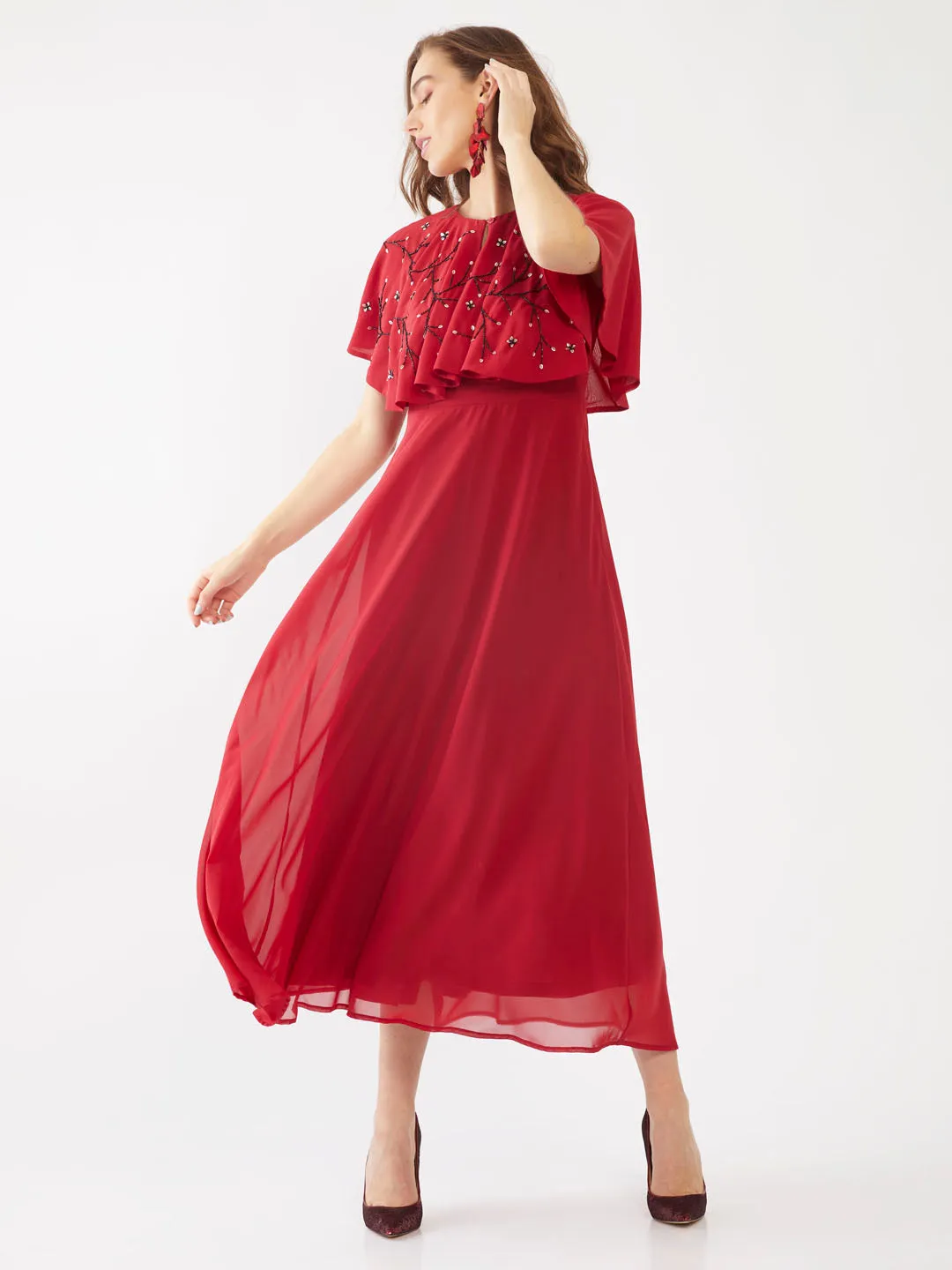 Red Embellished Layered Maxi