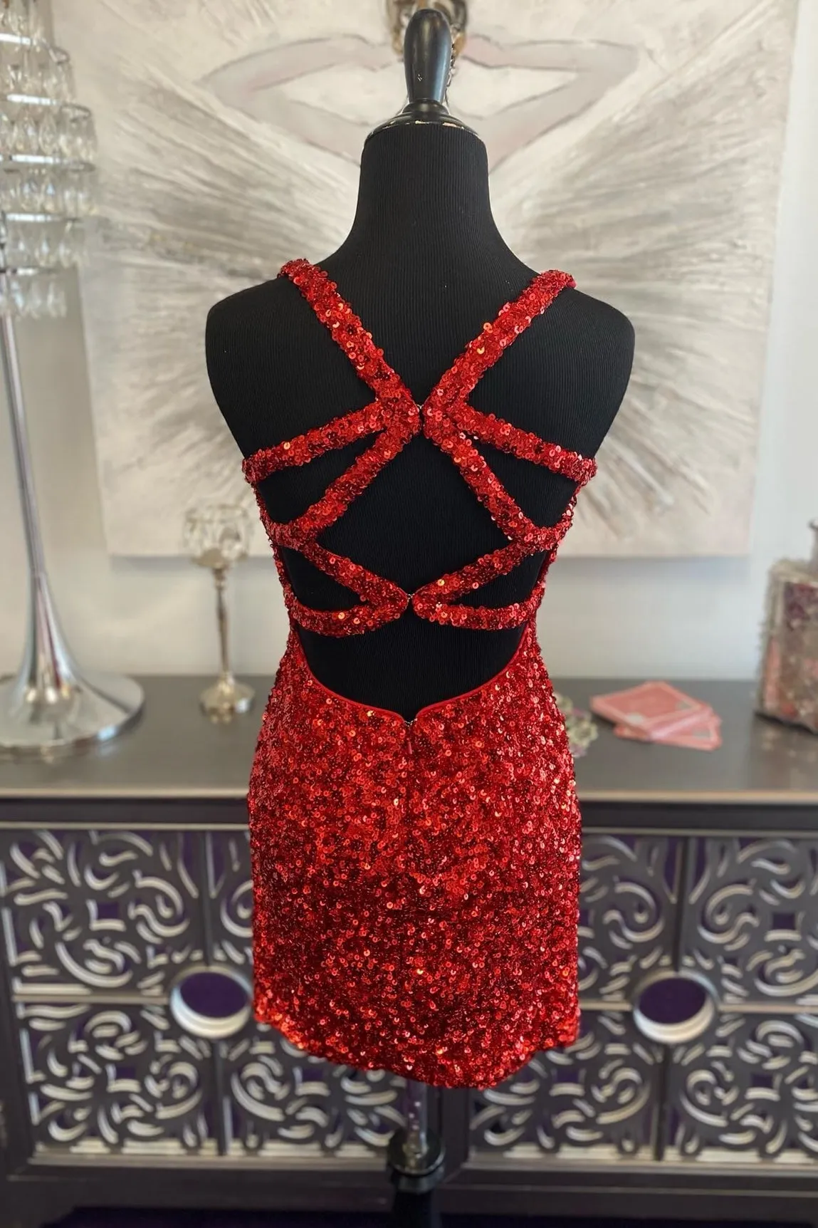 Red Sequin V Neck Bodycon Short Party Dress with Cross Back