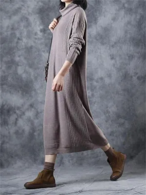 Retro Loose Casual High Neck Women'S Sweater Dress