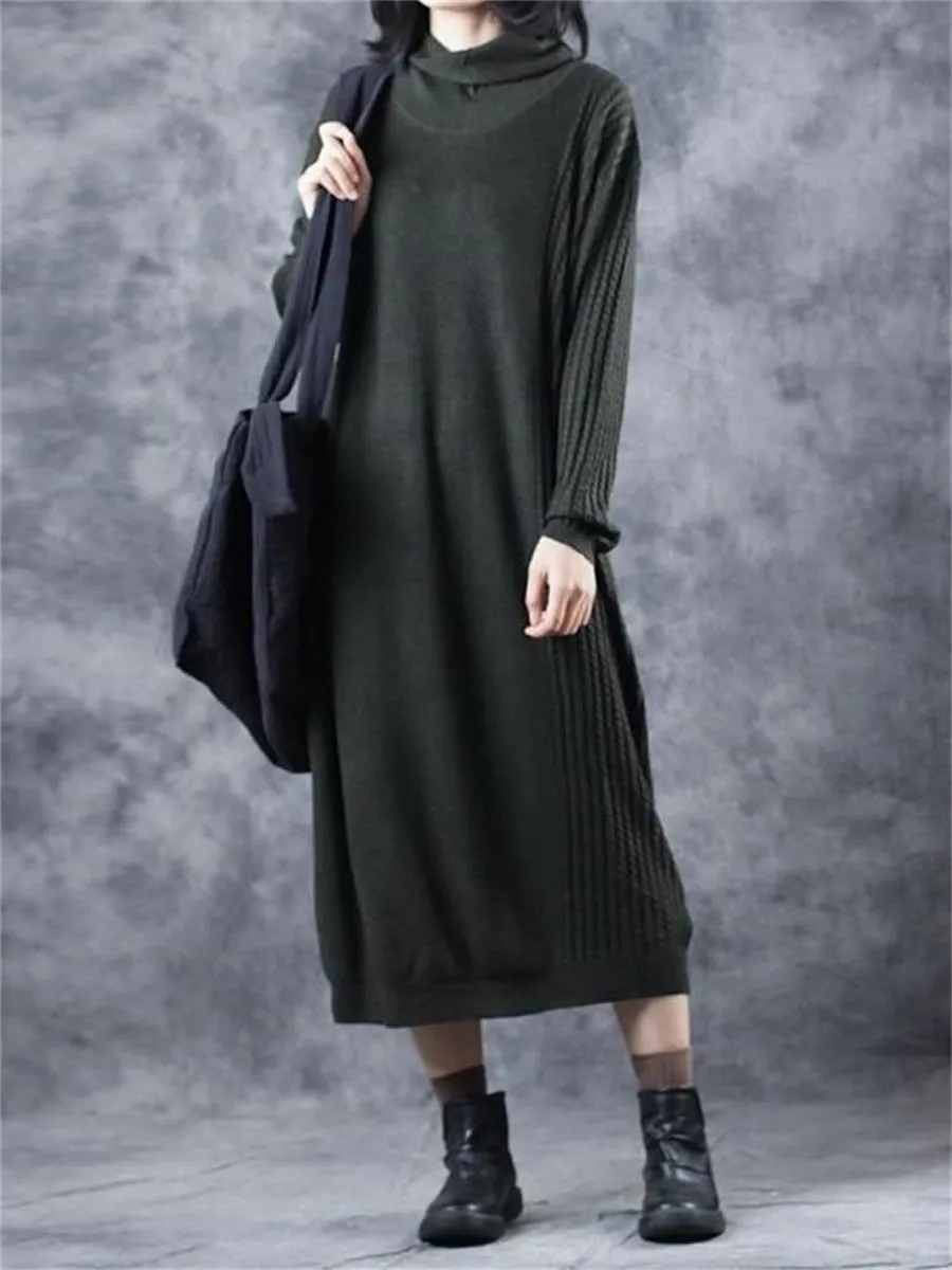 Retro Loose Casual High Neck Women'S Sweater Dress