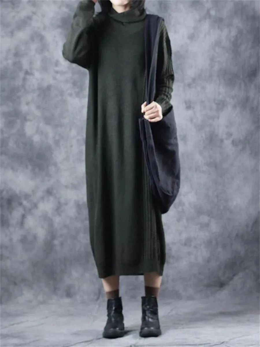 Retro Loose Casual High Neck Women'S Sweater Dress