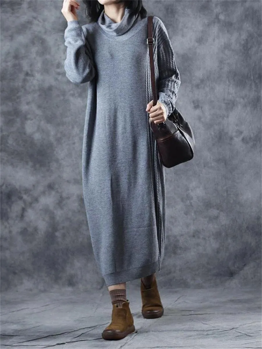 Retro Loose Casual High Neck Women'S Sweater Dress