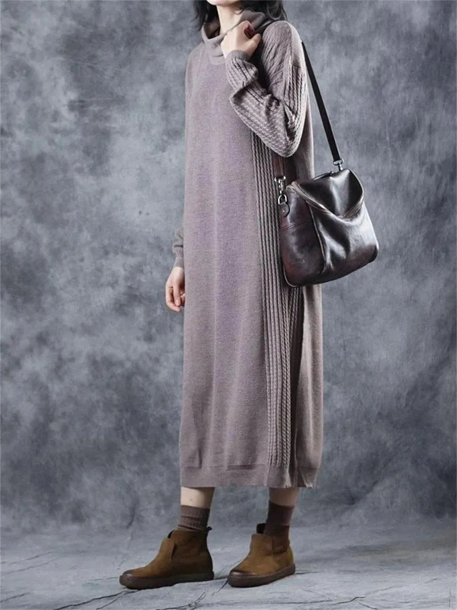 Retro Loose Casual High Neck Women'S Sweater Dress