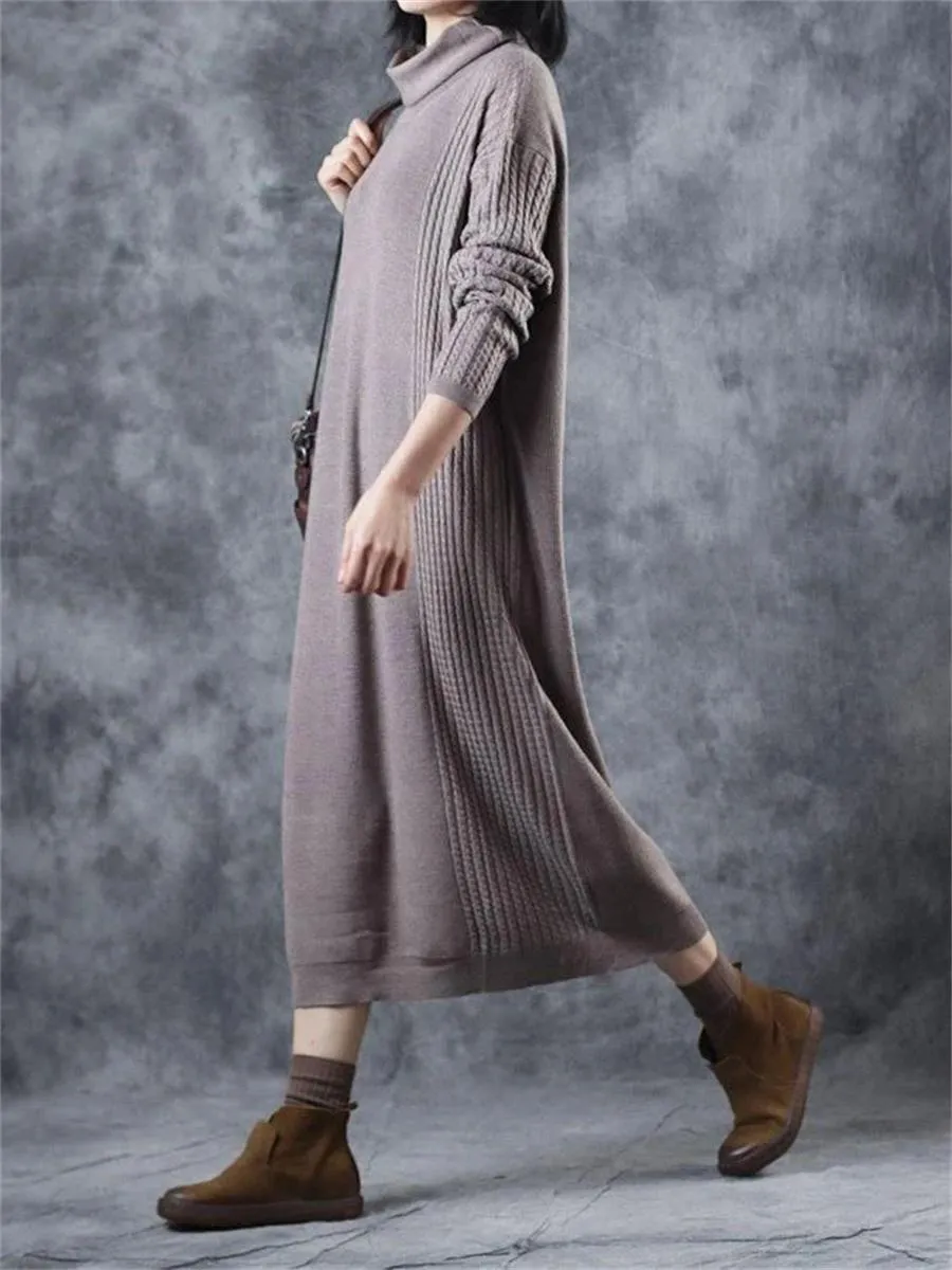 Retro Loose Casual High Neck Women'S Sweater Dress