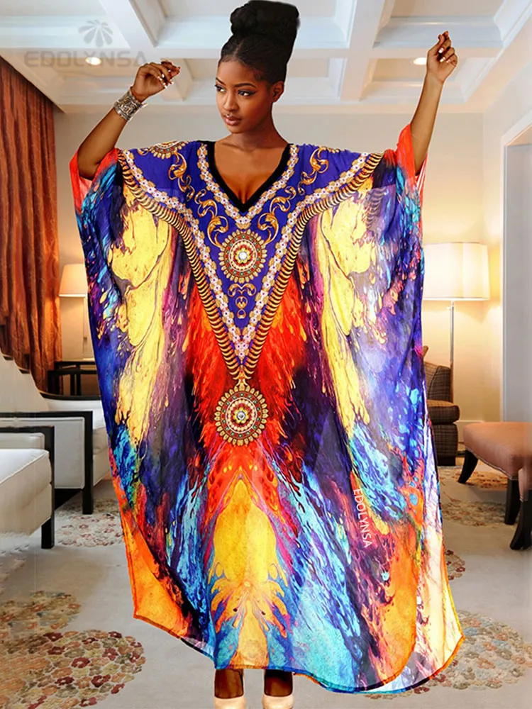 Retro Printed Morrocan Kaftan Plus Size Indie Folk V-Neck Batwing Sleeve Side Split Summer Dress For Women Clothing Q1230
