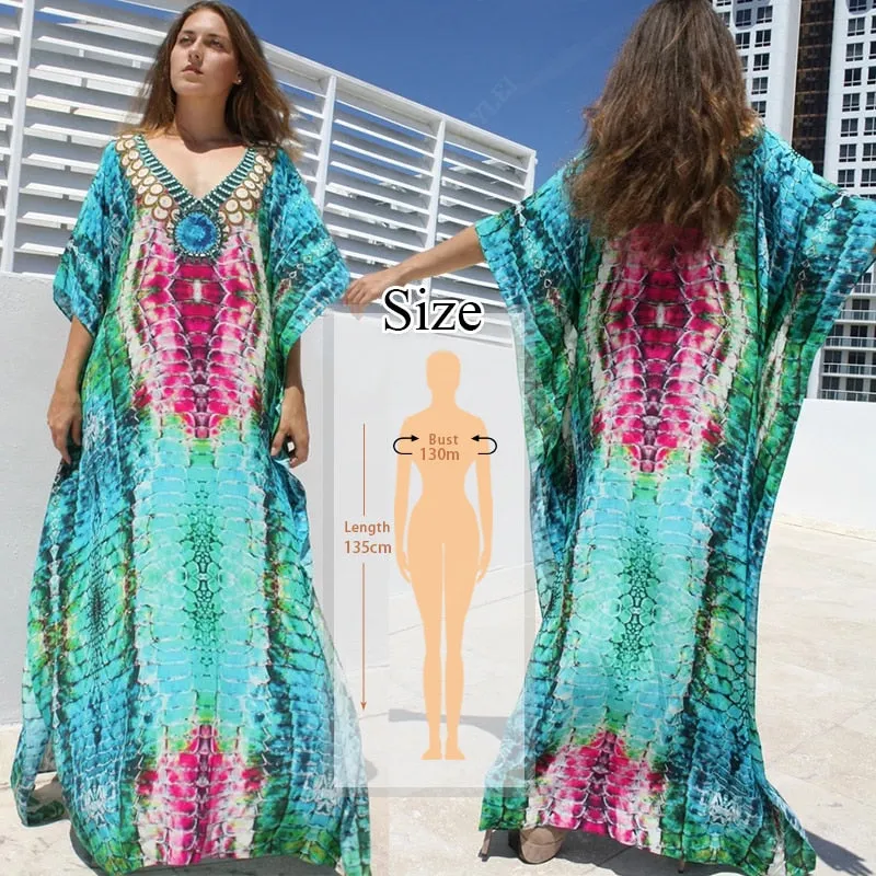 Retro Printed Morrocan Kaftan Plus Size Indie Folk V-Neck Batwing Sleeve Side Split Summer Dress For Women Clothing Q1230