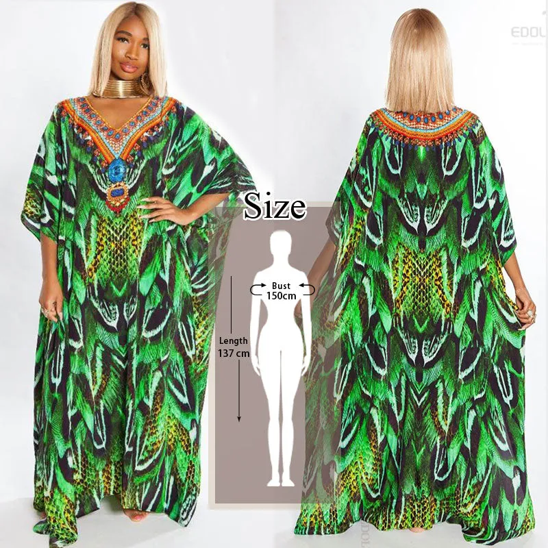 Retro Printed Morrocan Kaftan Plus Size Indie Folk V-Neck Batwing Sleeve Side Split Summer Dress For Women Clothing Q1230