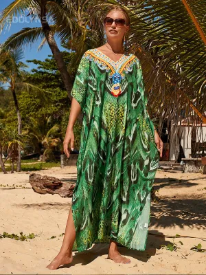 Retro Printed Morrocan Kaftan Plus Size Indie Folk V-Neck Batwing Sleeve Side Split Summer Dress For Women Clothing Q1230