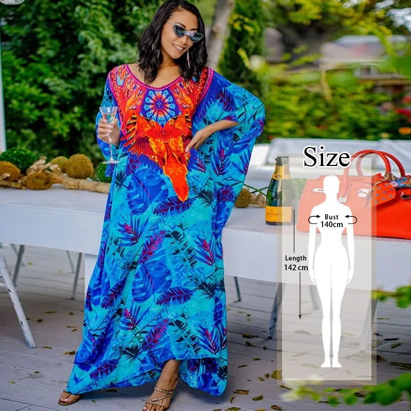 Retro Printed Morrocan Kaftan Plus Size Indie Folk V-Neck Batwing Sleeve Side Split Summer Dress For Women Clothing Q1230