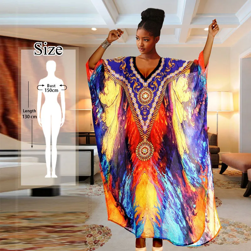 Retro Printed Morrocan Kaftan Plus Size Indie Folk V-Neck Batwing Sleeve Side Split Summer Dress For Women Clothing Q1230