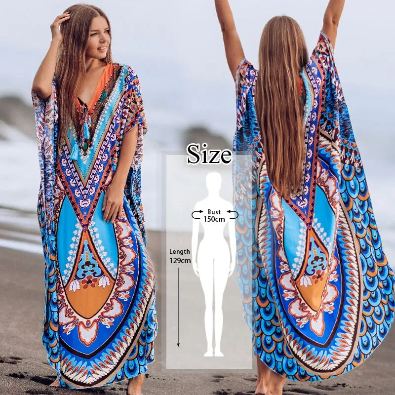 Retro Printed Morrocan Kaftan Plus Size Indie Folk V-Neck Batwing Sleeve Side Split Summer Dress For Women Clothing Q1230